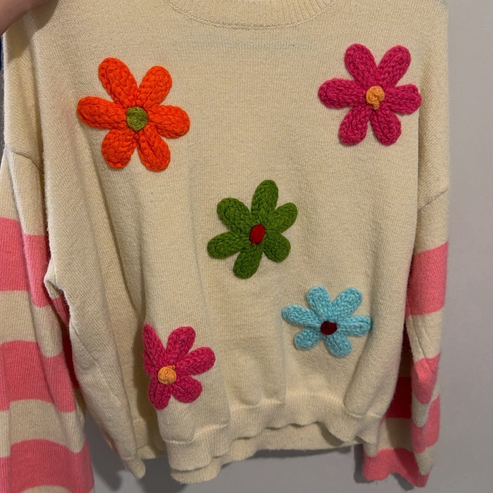 BiBi Cream Knit Sweater with Colorful Crochet Flowers & Pink Stripe Sleeves